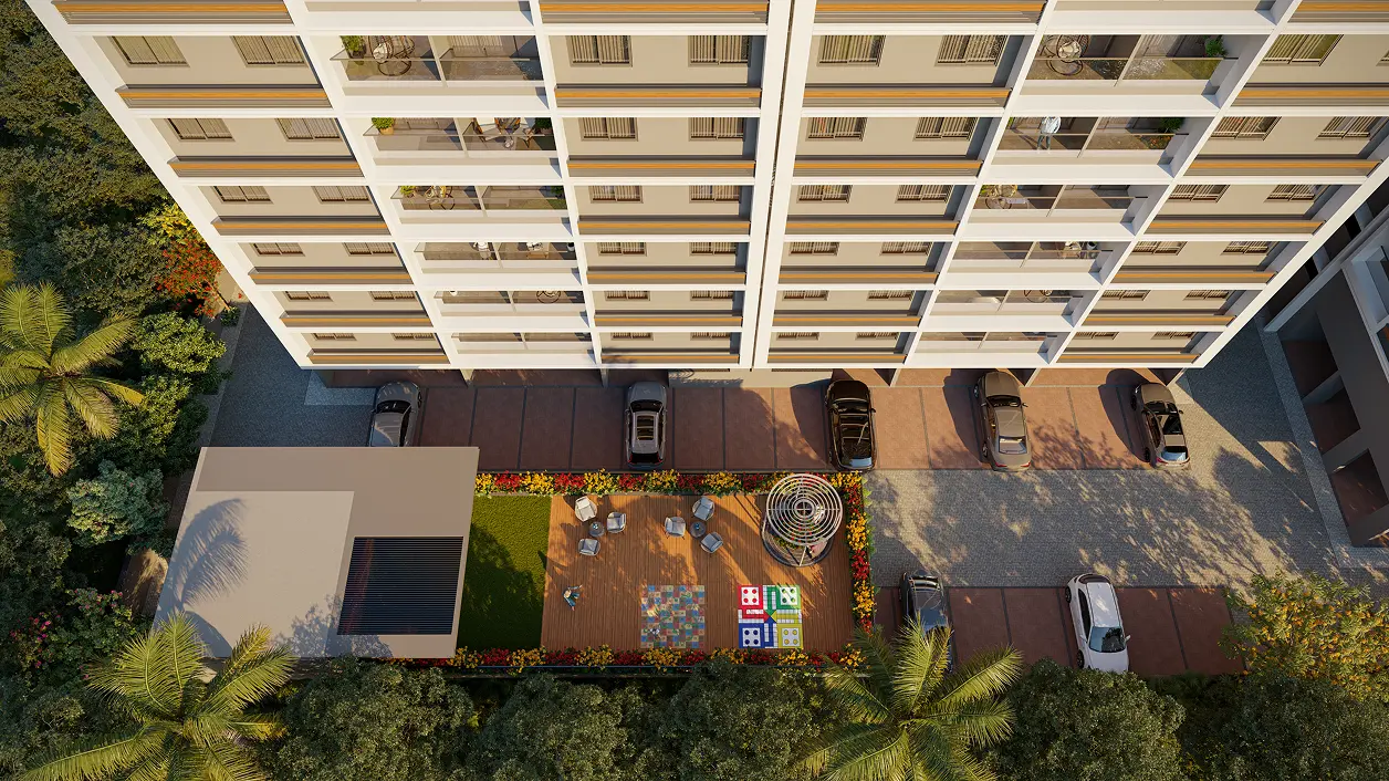 3D architectural walkthrough animation services - aerial view of residential project
